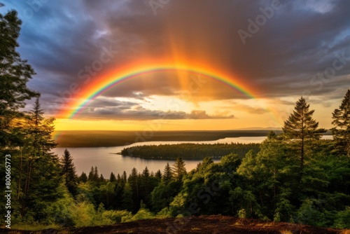 Stunning rainbow over a serene forest landscape