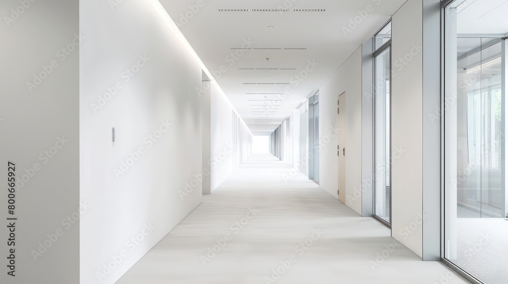 wide empty white walls in a hallway in a modern office with bright natural light and neutral tones wide empty white walls in a hallway in a modern office with bright natural light and neutral tones