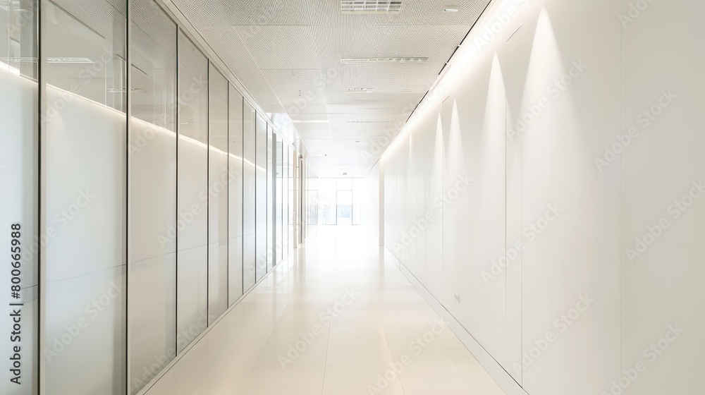 wide empty white walls in a hallway in a modern office with bright natural light and neutral tones