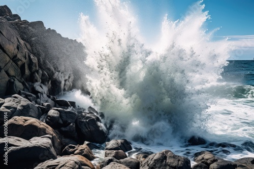 Powerful ocean waves crashing against rocky coastline photo