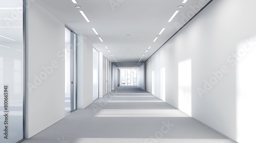wide empty white walls in a hallway in a modern office with bright natural light and neutral tones © Dekastro