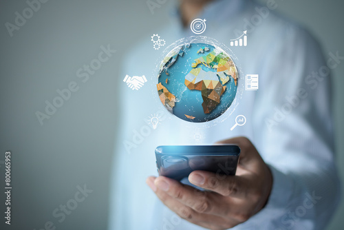Businessman using mobile smartphone and icon global internet connection network. Business connection application technology, digital marketing, financial and banking, digital link tech, big data, ai.