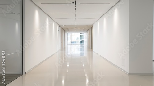 wide empty white walls in a hallway in a modern office with bright natural light and neutral tones