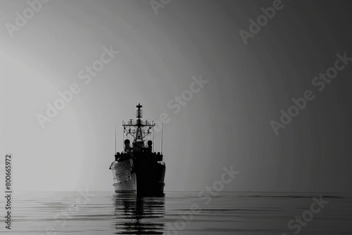 Black and white photo of a boat in the water. Suitable for nautical themes