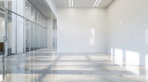 wide empty white walls in a hallway in a modern office with bright natural light and neutral tones