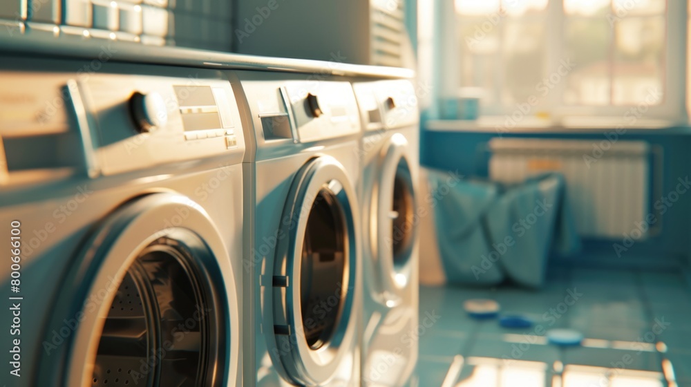 A row of washing machines in a laundry room. Perfect for household appliance concepts A row of washing machines in a laundry room. Perfect for household appliance concepts