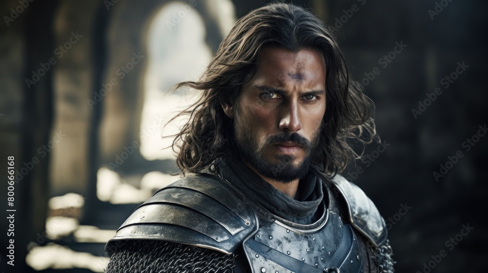Rugged warrior with long dark hair and intense gaze
