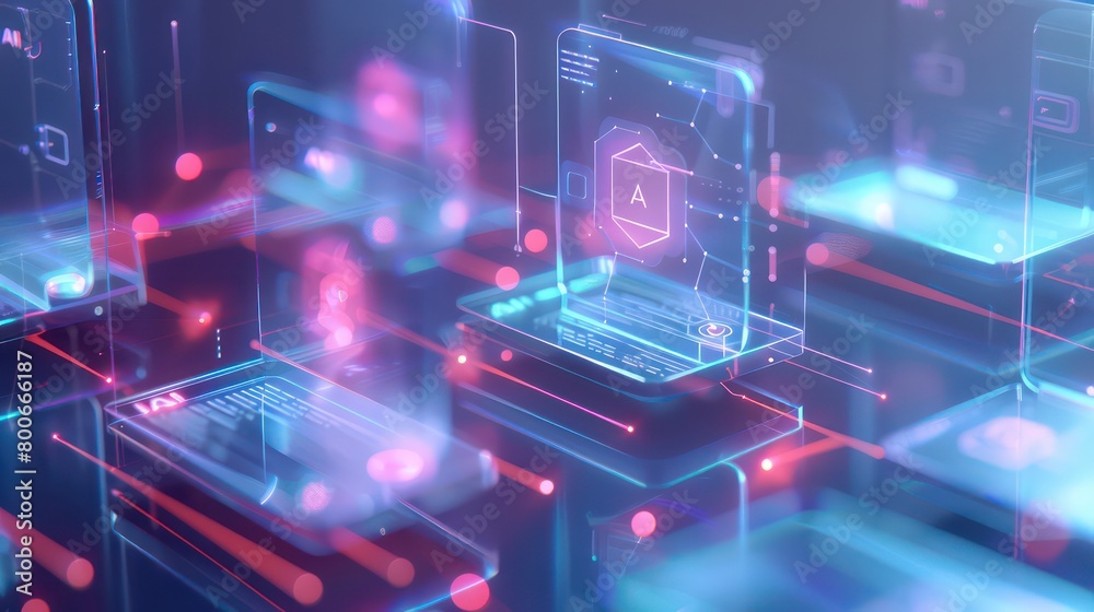 Naklejka premium AI icon in frosted glass, open in several UI windows made of thin plates