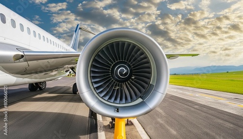Close-up of turbine engine of a private luxury jet aircraft on the runway. Luxury travel concept. © Abele