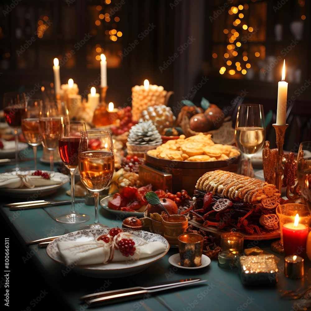 Table set for Christmas or New Year dinner. Festive table decoration with candles and food.