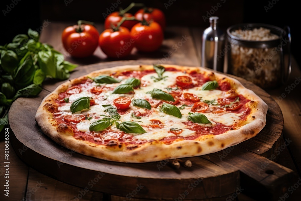 Delicious homemade pizza with fresh tomatoes and basil