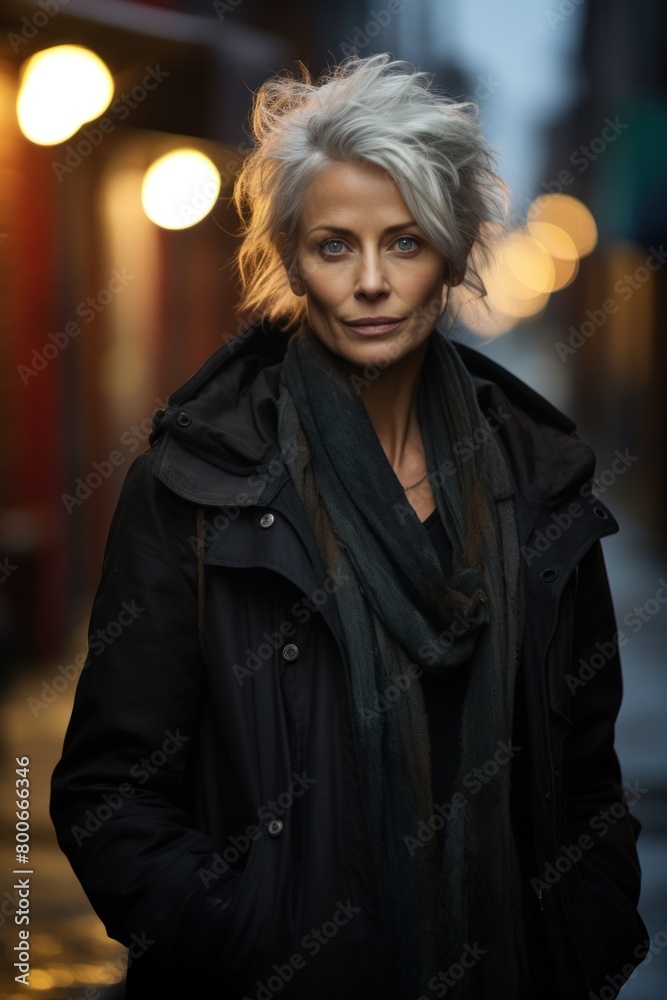 Stylish woman in black coat on city street at night Stylish woman in black coat on city street at night