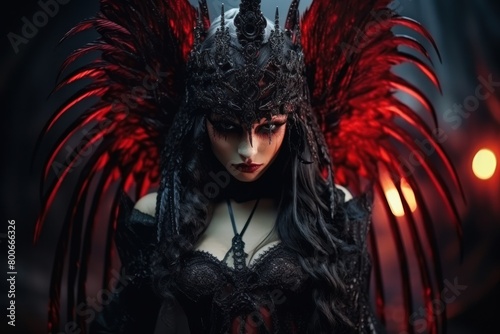Mysterious dark fantasy figure with dramatic feathered headdress