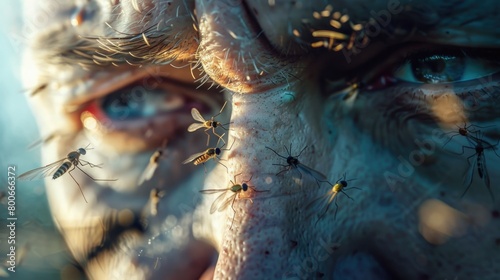 Close up of a person's face with mosquitoes, suitable for illustrating insect bites © Fotograf