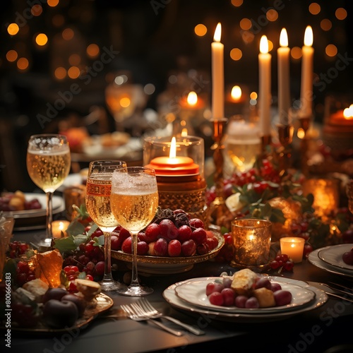 Festive table setting for Christmas or New Year dinner with candles and wine
