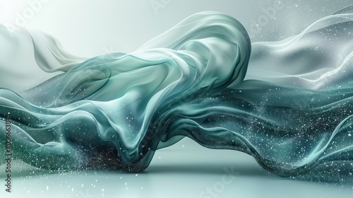 graphic illustration with vibrant, fluid lines in shades of silver, jade and blue with white background