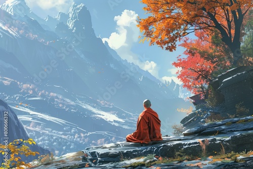 A man wearing a red robe sitting on a rock. Suitable for spiritual or meditation concepts