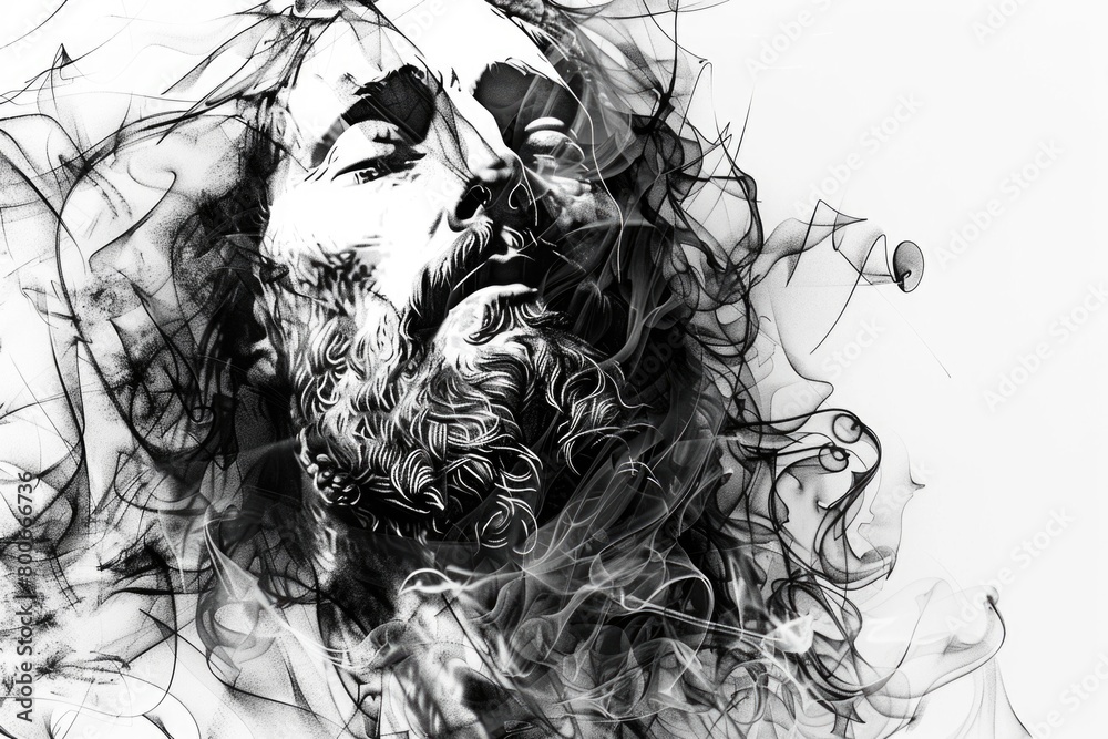 Fototapeta premium Detailed drawing of a man with long hair, suitable for artistic projects
