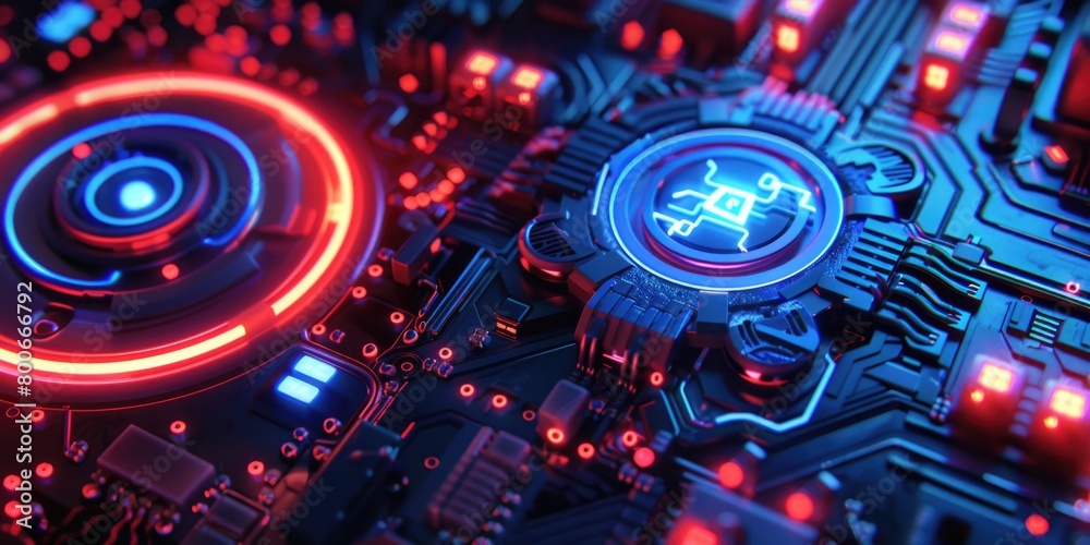 Close up of a computer motherboard with colorful lights, perfect for technology concepts Close up of a computer motherboard with colorful lights, perfect for technology concepts