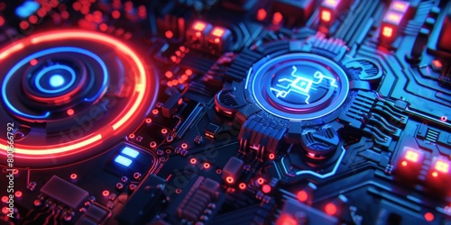 Close up of a computer motherboard with colorful lights, perfect for technology concepts