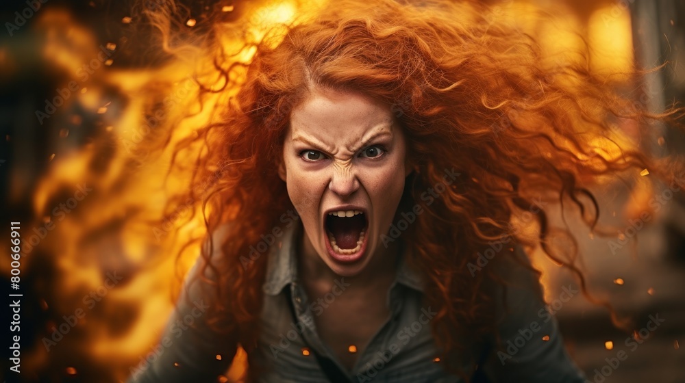 Angry woman with fiery red hair