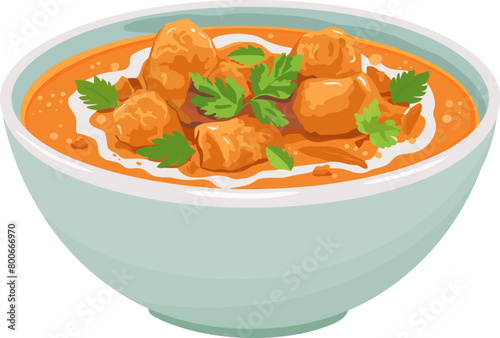 Illustration of a bowl of spicy chicken curry garnished with parsley