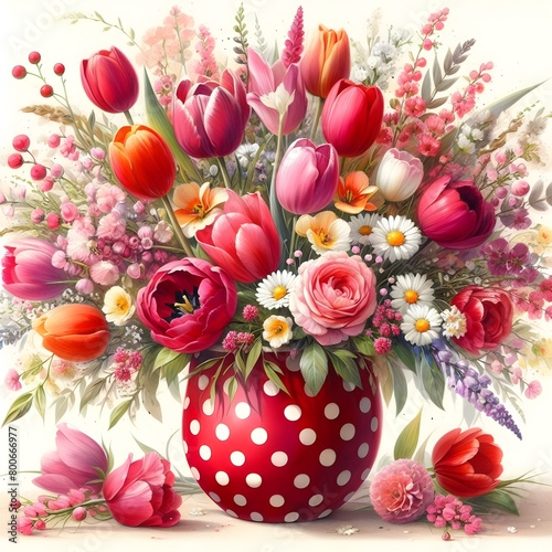 An exquisite artwork showcasing a red vase adorned with polka dots, brimming with vibrant flowers. © SONYA DESIGN