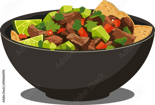Illustration of a Bowl of Beef and Vegetables with Tortilla Chips