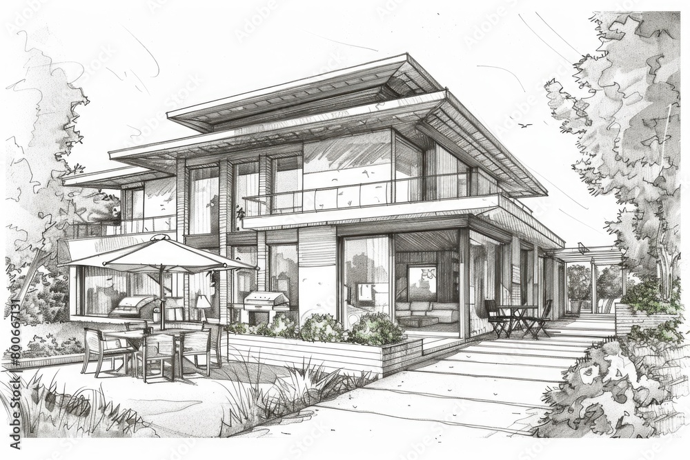 A sketch of a modern house with a patio, suitable for architectural projects A sketch of a modern house with a patio, suitable for architectural projects