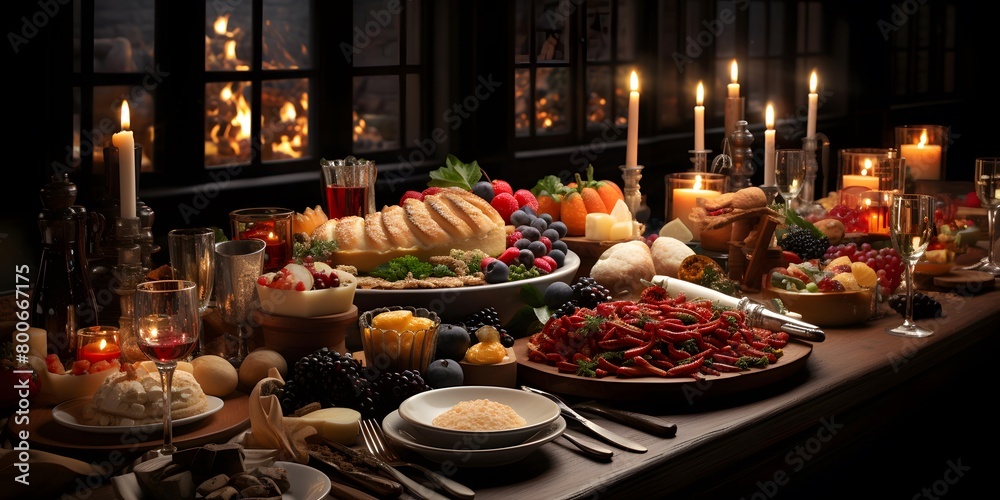 Festive table with variety of food and drinks. Celebration concept.