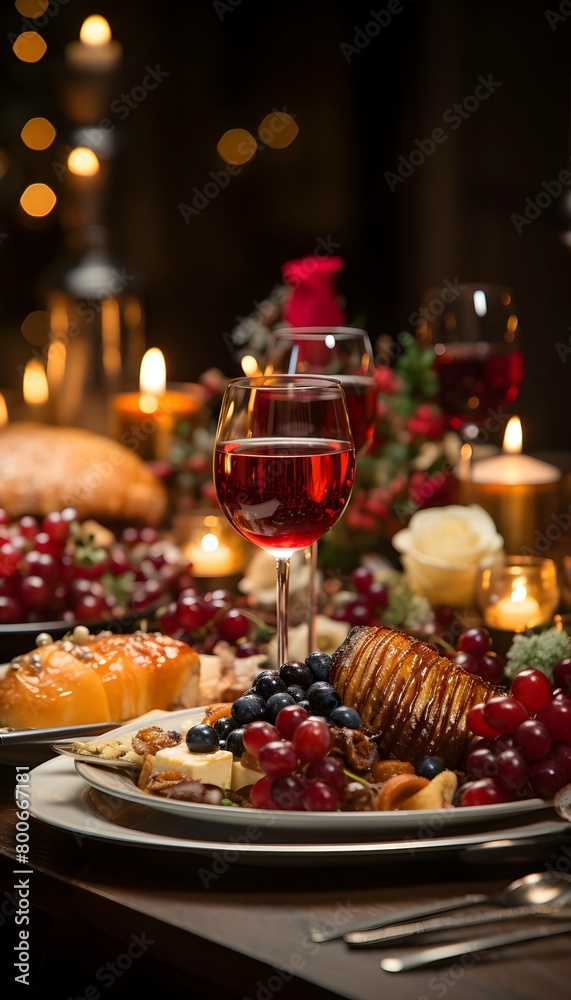 Festive dinner table with food and wine, selective focus. Holiday concept
