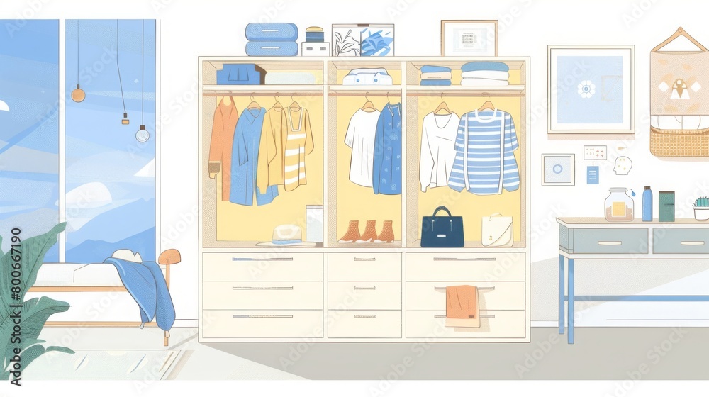 Organized Wardrobe in a Bright Bedroom at Daytime Organized Wardrobe in a Bright Bedroom at Daytime