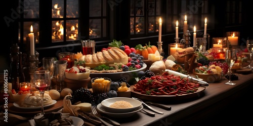 Festive table with variety of food and drinks. Celebration concept.