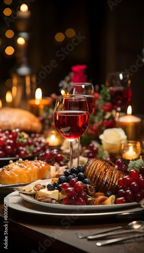 Festive dinner table with food and wine  selective focus. Holiday concept