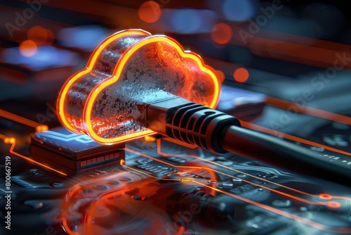 Conceptual cloud formed from a network plug symbolizes cloud connectivity and data transfer in the digital age.