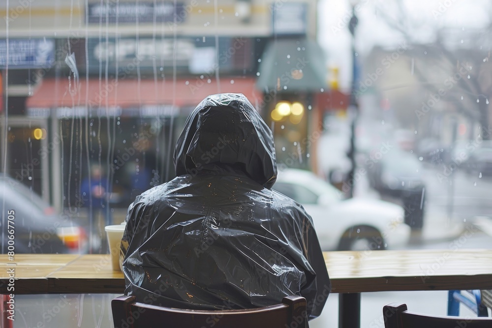 Obraz premium A contemplative person sits facing a wet window on a rainy day, suggesting introspection or loneliness