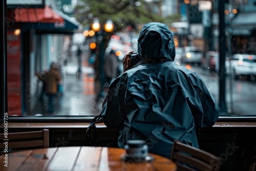 Photographer in a raincoat is focused on capturing the essence of a rainy urban street from a cozy interior © ChaoticMind