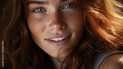 Smiling woman with freckles and windblown hair