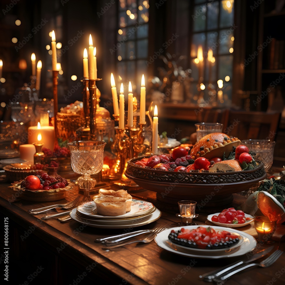 Festive Christmas table with cutlery and candles in the dark