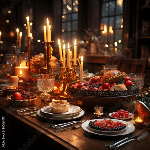 Festive Christmas table with cutlery and candles in the dark © I