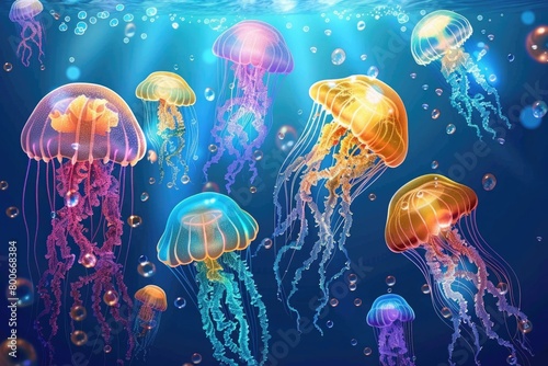 Group of jellyfish swimming gracefully in the ocean. Suitable for marine life and underwater themes