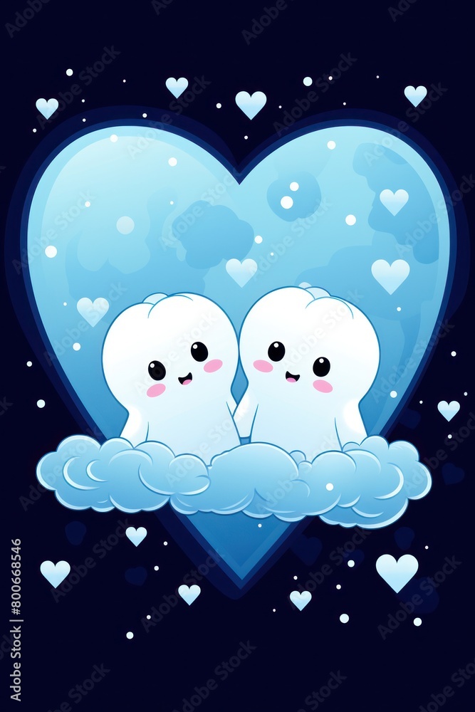 Cute Cartoon Ghosts in Heart-Shaped Cloud