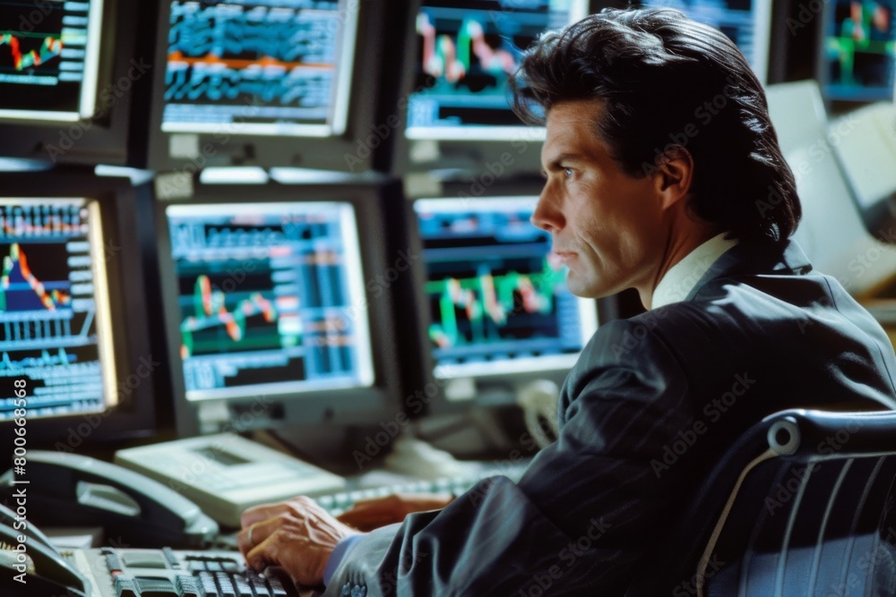 Stock market professional analyzes multiple graphs and data on screens for investment opportunities and financial growth Stock market professional analyzes multiple graphs and data on screens for investment opportunities and financial growth