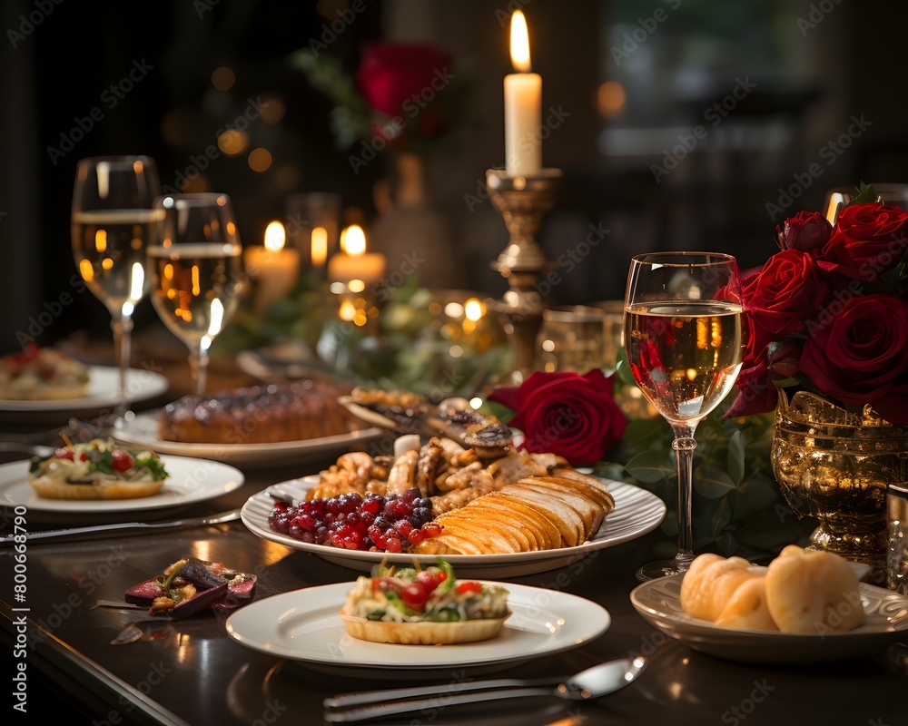 Festive table setting for Valentine's Day dinner. Festive table with food, wine and flowers.