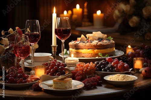 Table served with wine and desserts in a restaurant. Selective focus.