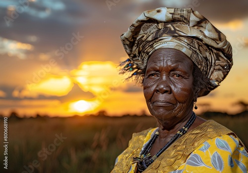 a portrait of an elderly black woman dressed in traditional attire