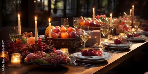 Catering table with fruits and candles in a restaurant. Selective focus.