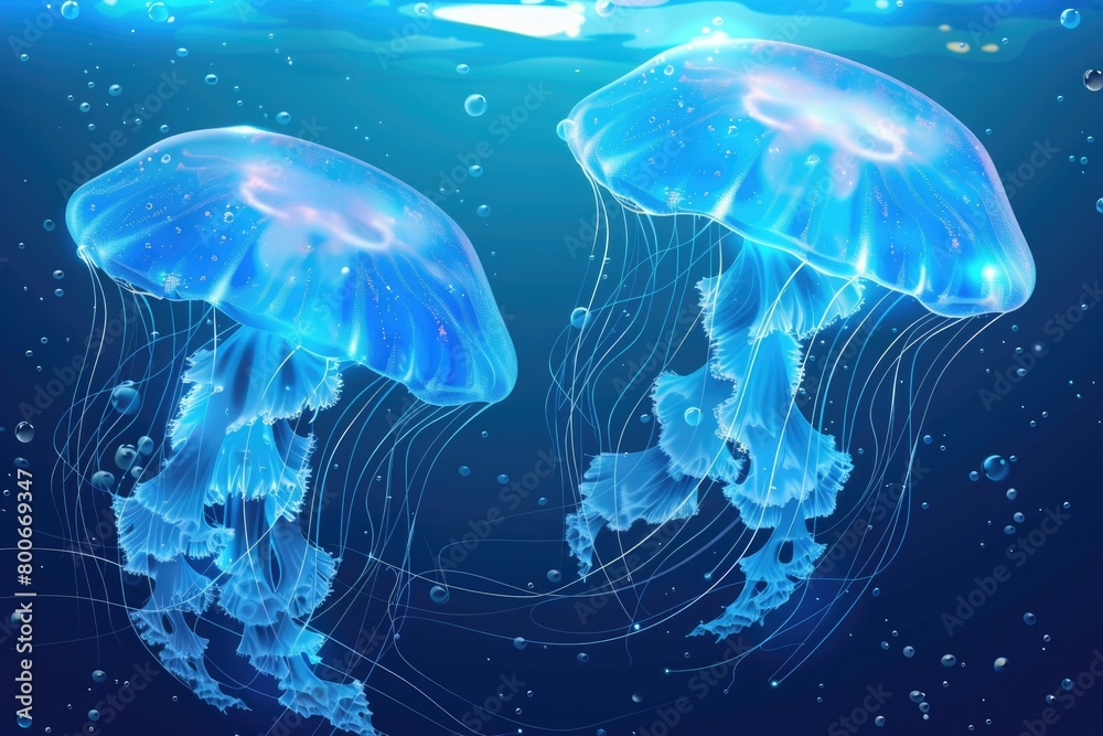 Two jellyfish floating gracefully in water. Ideal for nature and marine life concepts Two jellyfish floating gracefully in water. Ideal for nature and marine life concepts