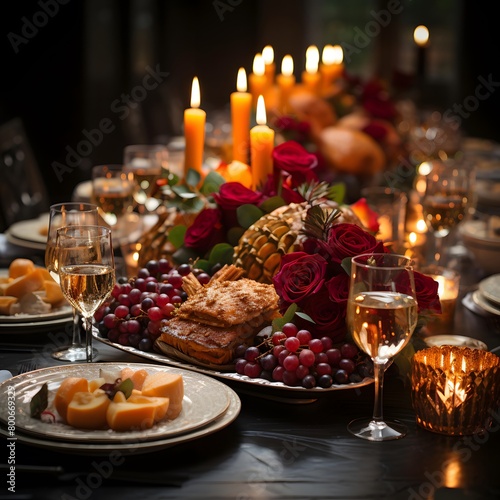 Festive table setting with a variety of food  wine and flowers