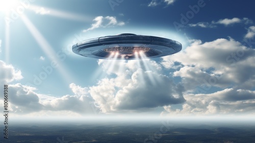 Futuristic UFO Hovering in Cloudy Sky